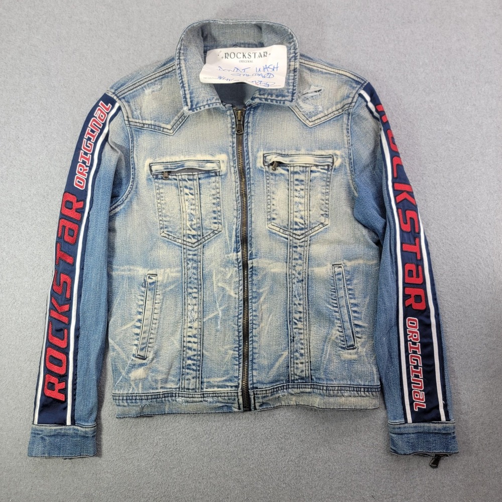 Rockstar Original Jacket Mens M Blue Denim Dondi Wash Standard Biker Zip Logo